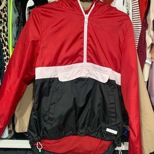 Red white and black rain jacket